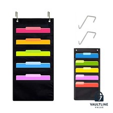 Wall File Organizer 5 Pocket Black Oxford Cloth with 2 Hooks