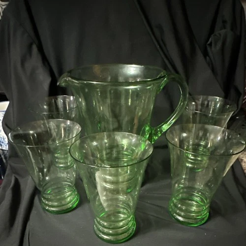 Depression Glass Pitcher and 5 Tumblers Set, Glossy Pressed Glass, 6-Piece