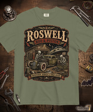 Listing image for Roswell Rod & Piston Alien Garage T-Shirt Hot Rod Flying Saucer UFO Tee S-4XL