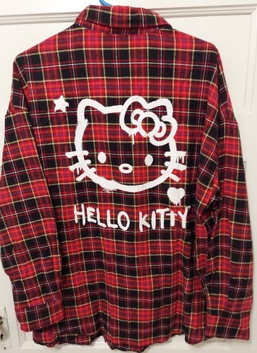 Nwts Forever 21 Hello Kitty & Friends Size OX Red Plaid Flannel Logo Shirt - Picture 10 of 14