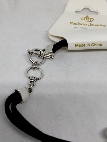 Silver Plate Sideways Open Work Cross Black Leather Bracelet Toggle Clasp Jewelr - Picture 5 of 7
