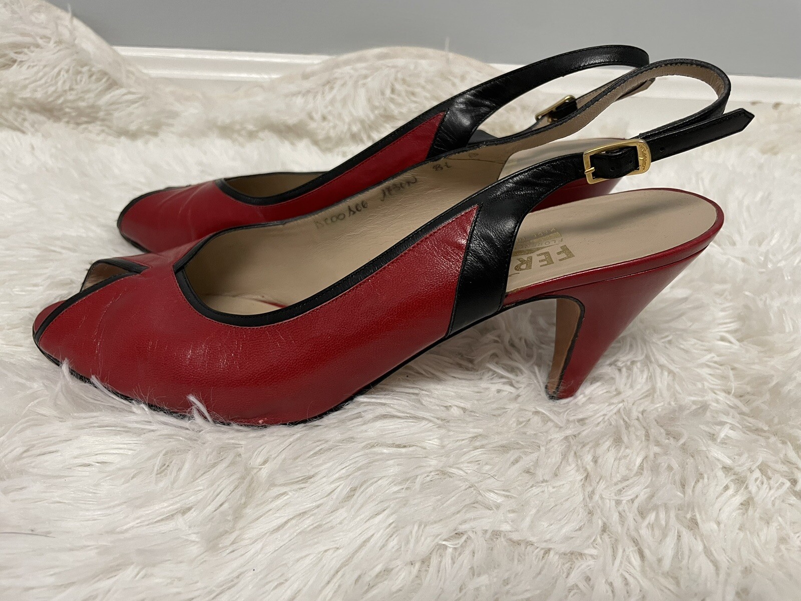 Salvatore Ferragamo Red Leather Peep-Toe Slingback Heels Pumps Size 8.5B