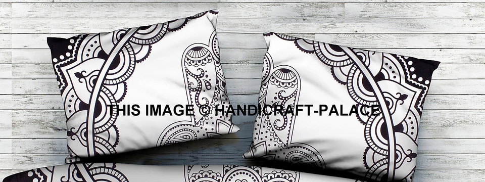 Indian Black & White Humsa Fatima Mandala Bedsheet Bedspread Queen Bedding Set - Image 3 of 3