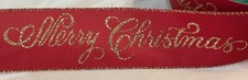 5 yds. SCARLET RED MERRY CHRISTMAS GLITTER GOLD WIRE EDGE RIBBON 2 1/2" Wide