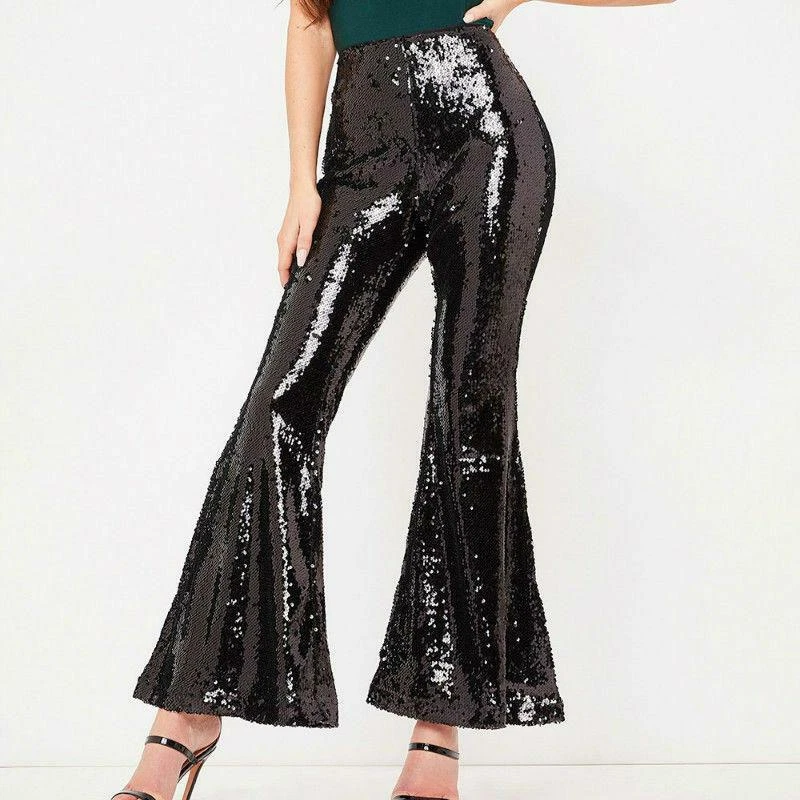 Womens Sequins Glitter Stretch Skinny Flare Leg Long Pants Bell