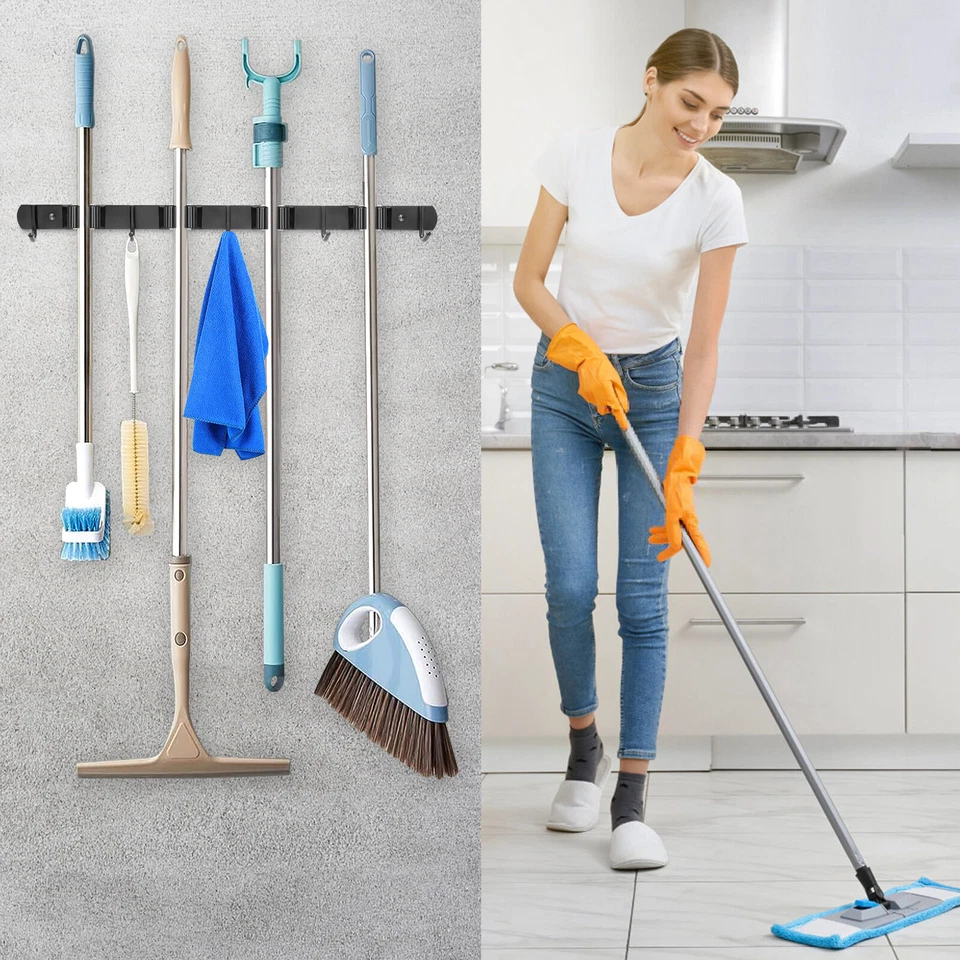 Broom Hanger Mop Holder Wall Mount Heavy Duty Garden Kitchen Tool Organizer Rack - Image 4 of 4