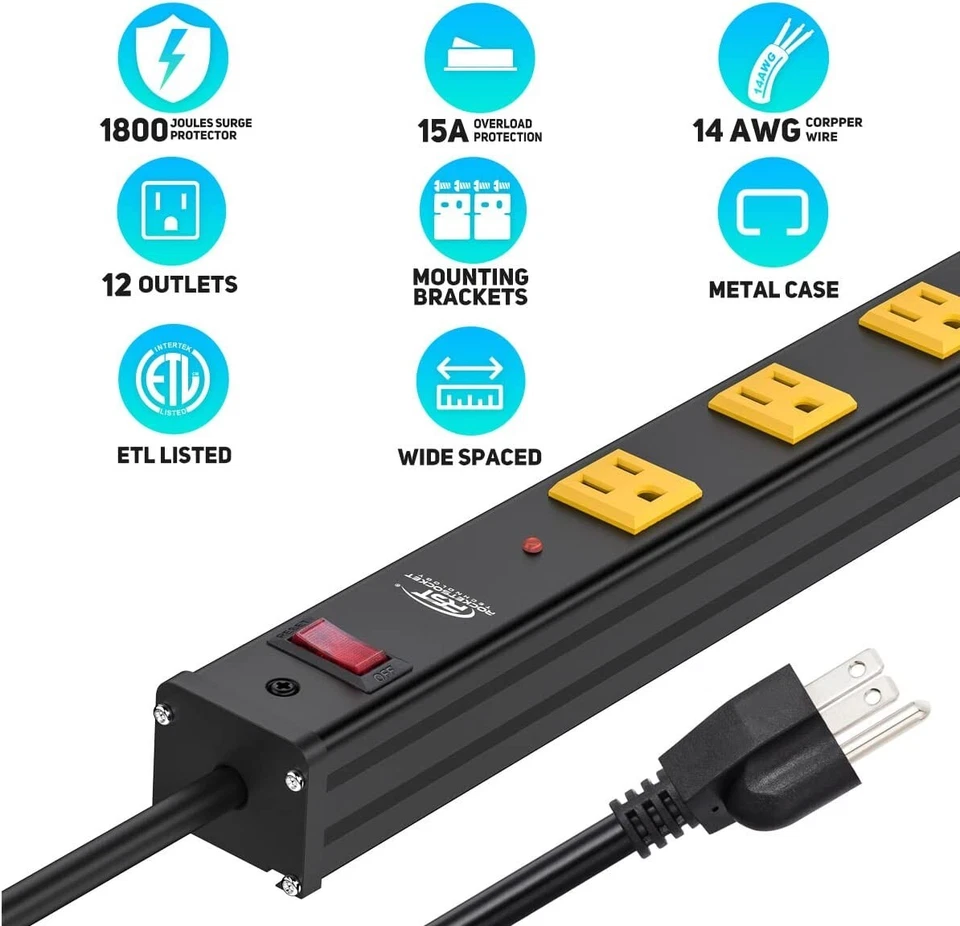 12 Outlets Metal Power Strip with 6ft Extension Cord,36 feet long, fireproof - Image 3 of 4