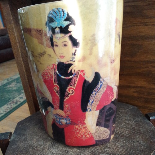 Vintage Glass Painted Pottery Basket Asian Design 8" inch tall 6.25" wide - Picture 14 of 24