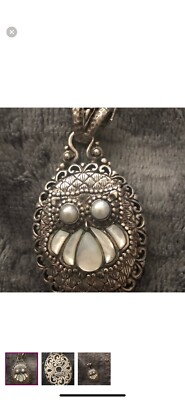 Signed Sarda sterling silver mother of pearl owl pendent