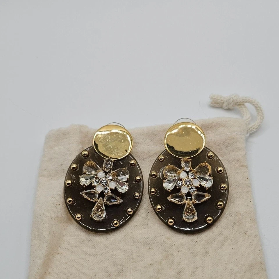 Pendientes J Crew Marrón Lucita Cristal Bling Escudo Gota Tono Dorado Distintivo Fiesta Foto 4 de 4