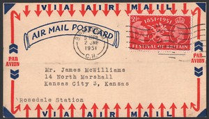 Airmail Postal Card: Postmarked June 2, 1951; Birmingham, UK, Addressed, Used