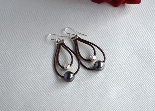 Genuine Tahitian Pearl Leather Dangling Earrings Sterling Silver Bead/Closure - Picture 5 of 12