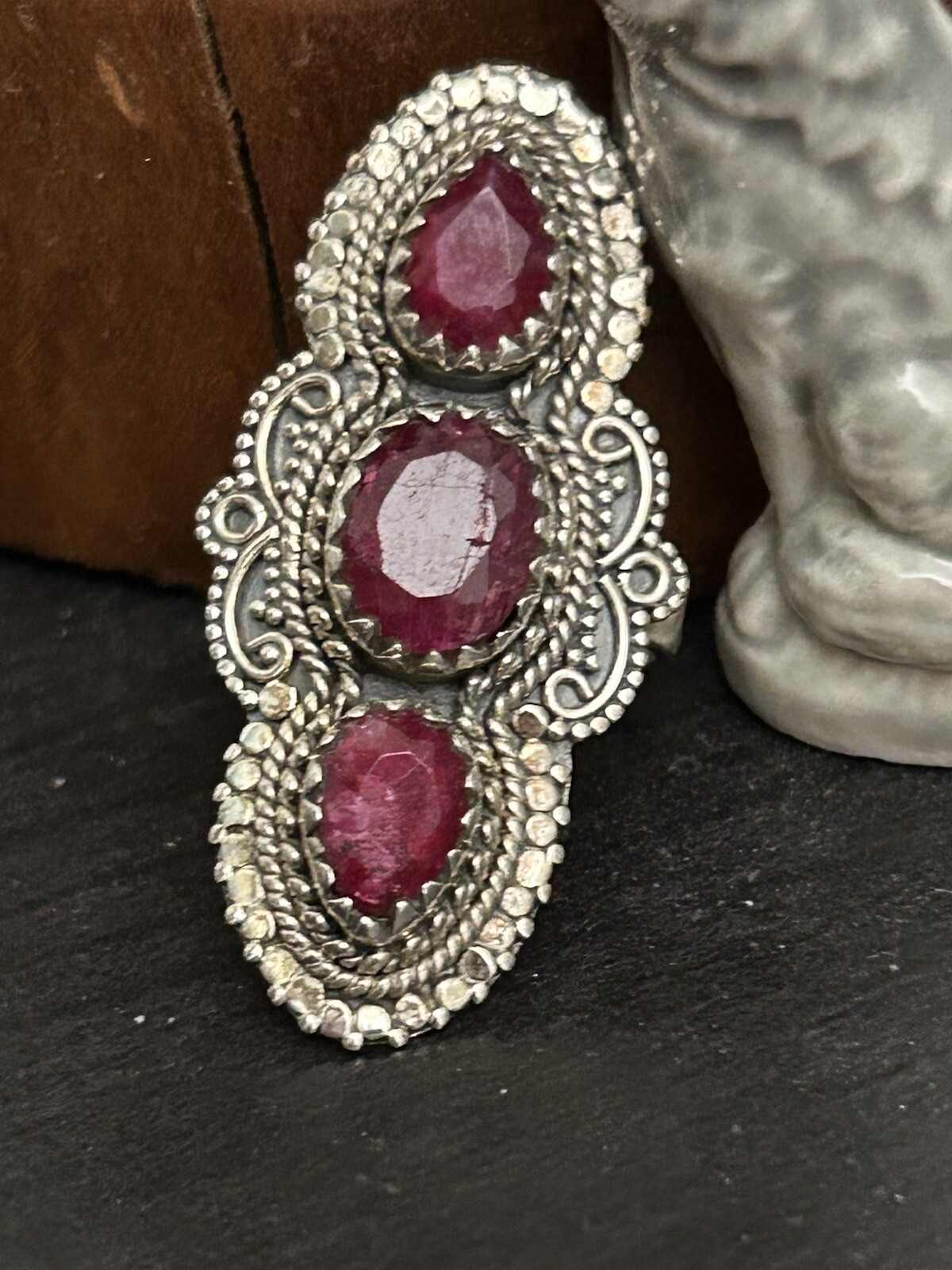 Three Stone Natural Ruby Ring Sterling Silver Siz… - image 3