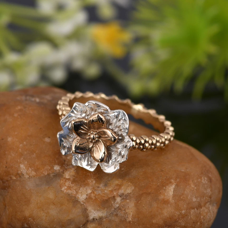 Двухцветное кольцо с цветком, пунктирное кольцо, минимальное кольцо, подарок на день рождения для жены - Изображение 3 из 4