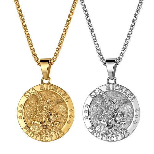 Mens St Michael Necklace Archangel Catholic Medal Stainless Steel Amulet Pendant