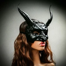 Goblin Devil Long Horns Halloween Cosplay Black Mardi Gras Mask Party Costume