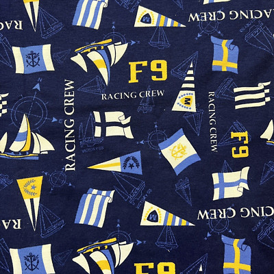 1-3/8 yd Dark Blue Interlock Knit Fabric Nautical Sailboats Racing Crew Flags