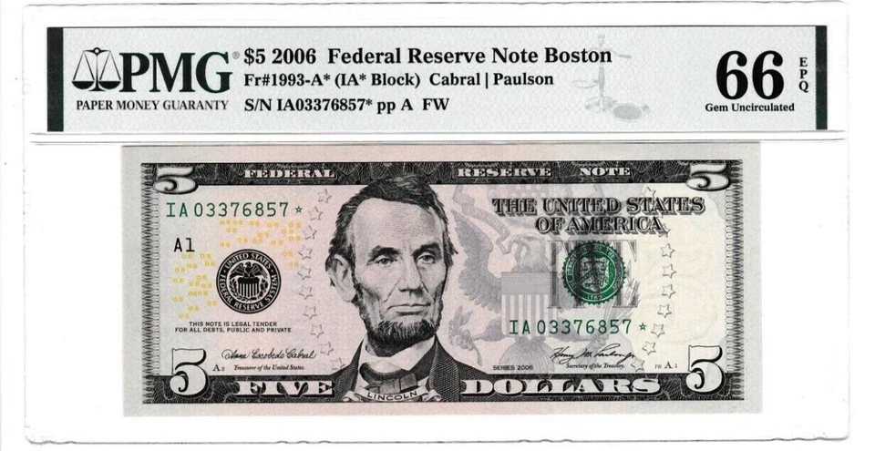 2006  $5  Federal Reserve STAR  Note ⭐ S/N  IA 03376857  BOSTON PMG 66 EPQ - Image 3 of 3