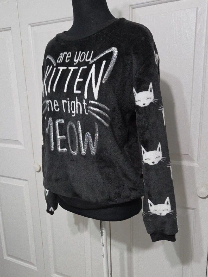 Wound Up Black Plush Crewneck Sweatshirt with Silver Cat Graphic - Image 2 of 4
