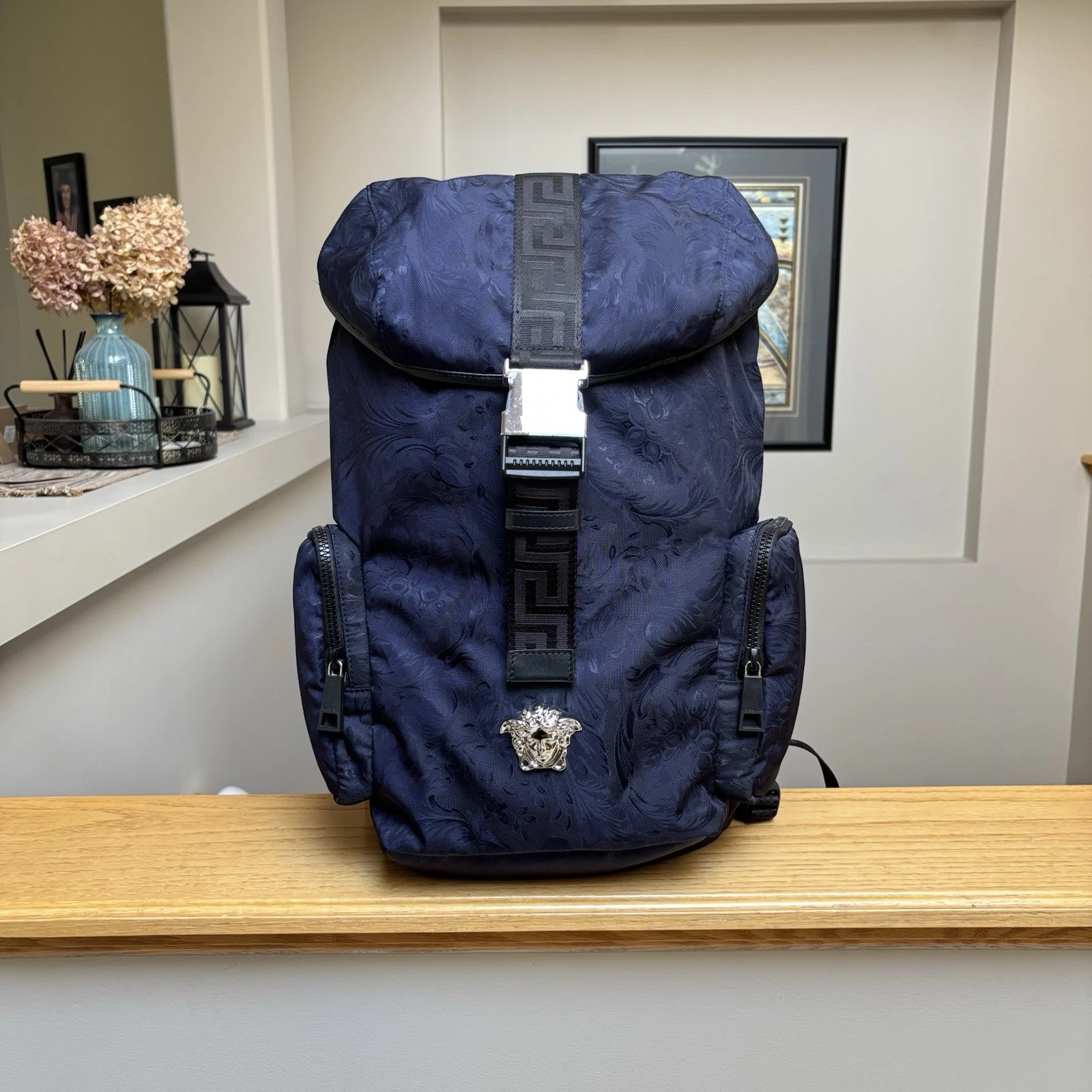 Versace — Versace Navy Medium ‘La Medusa’ Barocco Backpack- MSPR: $1750 - Authentic - New