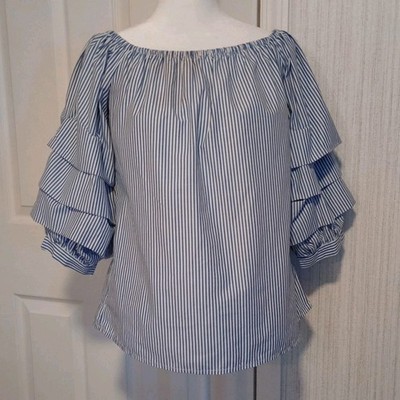 Style House Women's Size L Top Blue White Striped Ruffles Elastic Neckline LNC