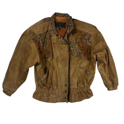Laurice Vintage Brown Suede Leather Tapestry Patchwork Bomber Jacket Large