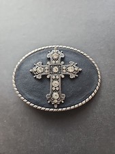 Cross Oval Belt Buckle Silvertone Metal Gothic Crystals