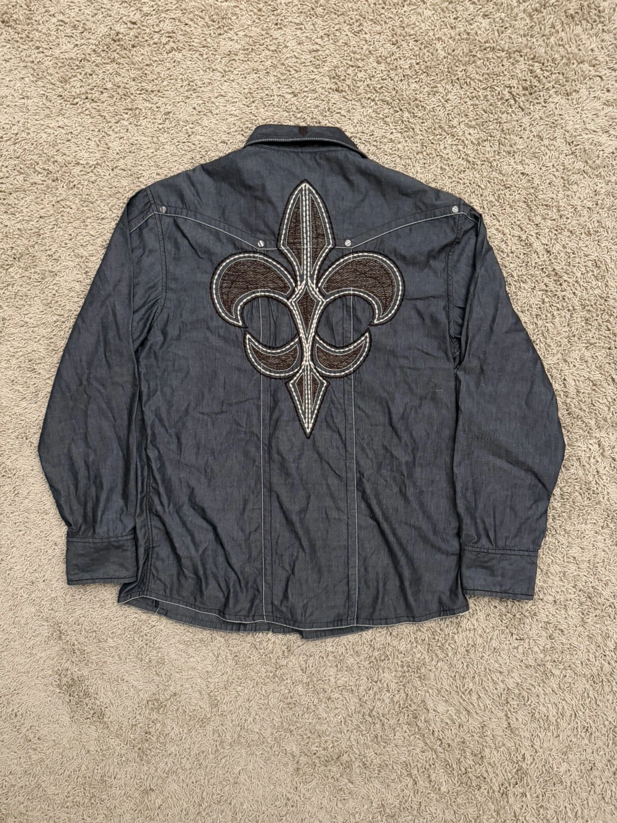 ROAR Button Shirt Mens Large Gray Embroidered Chrome Hearts Inspired Goth Biker