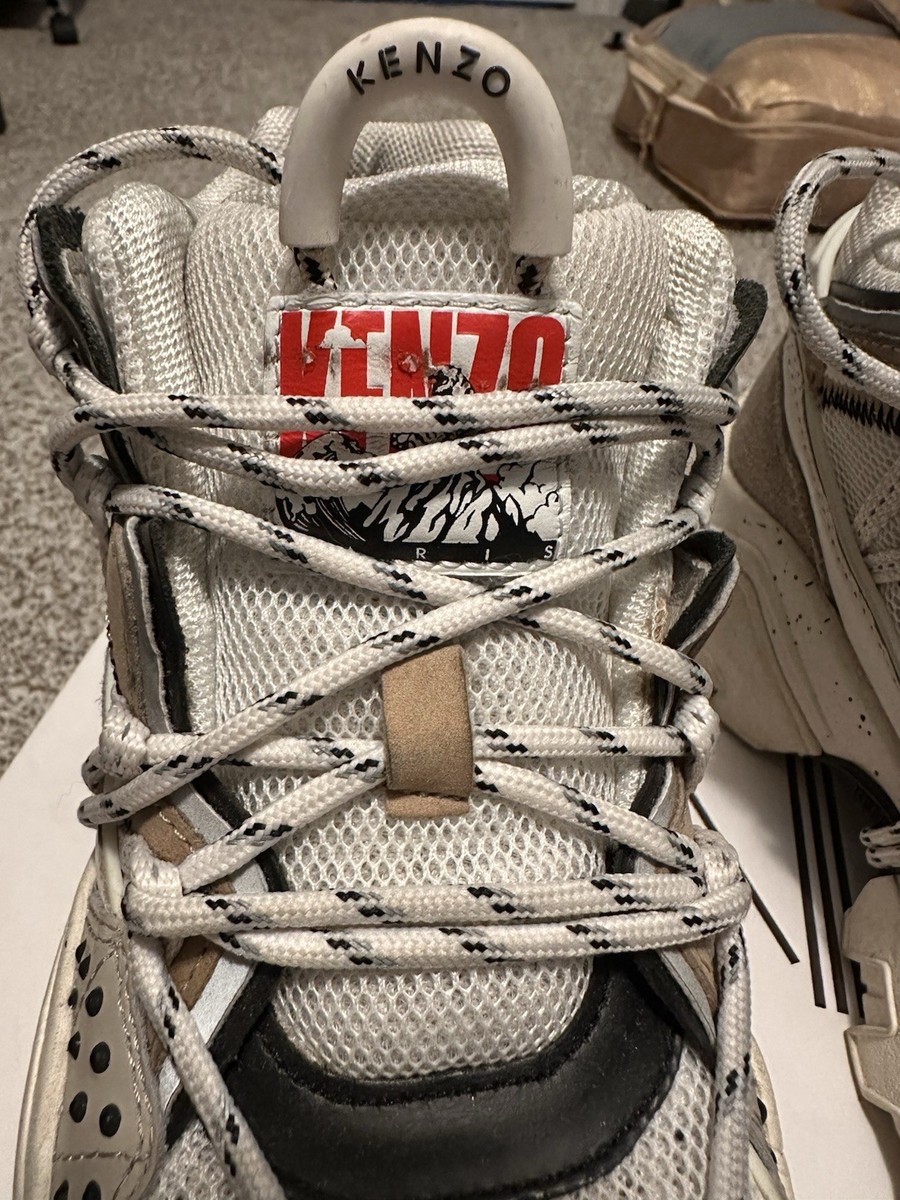 KENZO Inka Low Top Sneaker White Black Beige Mesh Nubuck Logo Lace