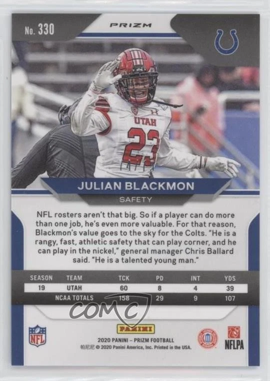 2020 Panini Prizm No Huddle Blue /79 Julian Blackmon #330 Rookie RC - Image 2 of 2