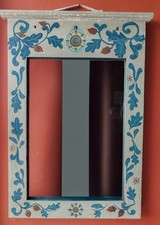 Vintage Wooden  Folk Painted Wall Mirror Oak Acorn Botanical Decorative Design