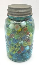 Antique Ball Mason Aqua Blue Glass Jar 5 w/ OG Zinc Lid Filled w/ Glass Marbles