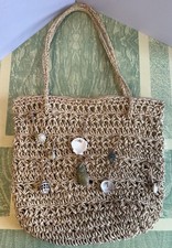 Vtg Straw Rattan Woven Weave Handbag W Dangling Shells Boho Chic Vacation Beach