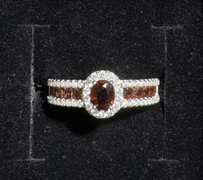 925 Sterling Silver Garnet Ring Oval Red Gem Halo Setting
