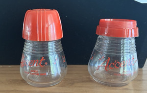 2 VINTAGE AC'CENT GLASS SEASONING SPICE JARS MAKES FOOD FLAVORS SING