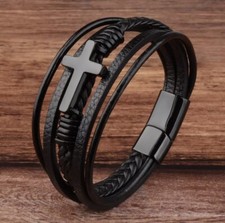 Black Leather Bracelet with Black Stainless Steel Cross and Clasp