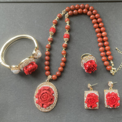 South Sea Red Shell Carved Peony Flower Earrings Ring Bracelet Pendant Necklace