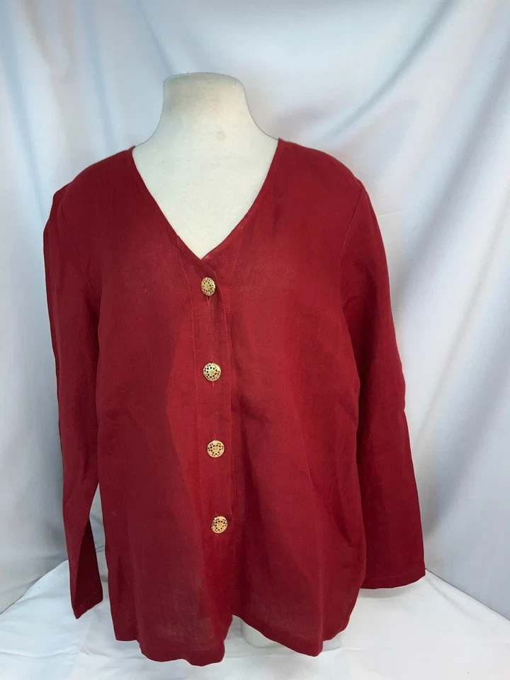 Blusa Top Exclusiva Neiman Marcus L Rojo Lino Dorado Botones India Nueva YGI L1-226 Foto 2 de 4