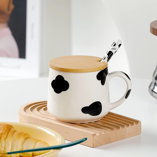Cute Cow Coffee Mug with Spoon Lid Kawaii Funny Tea Cup Gifts for Women Valentin - Picture 7 of 12