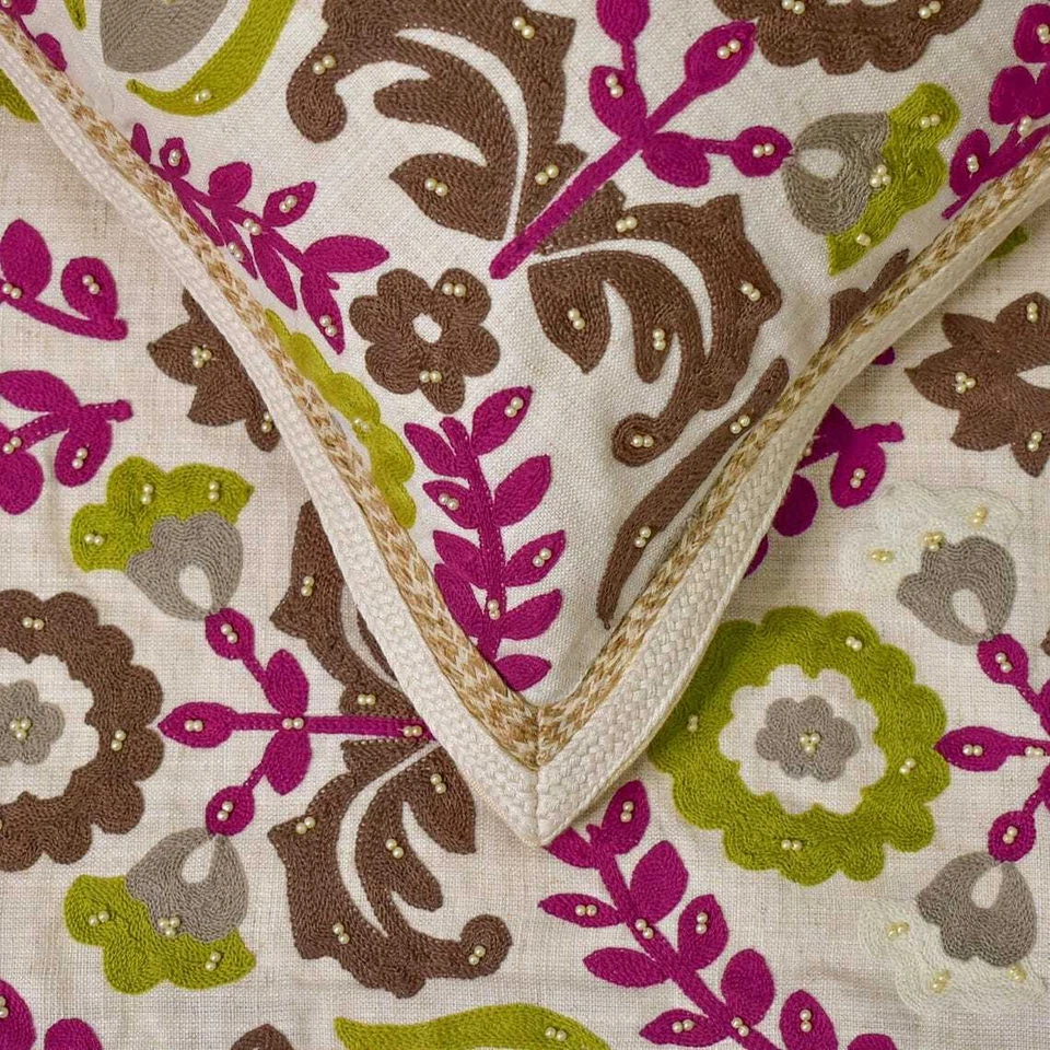 Corredor de cama decorativo de solteiro rosa algodão, pérolas, borda de renda de juta - floral folclórico - Imagem 2 de 4