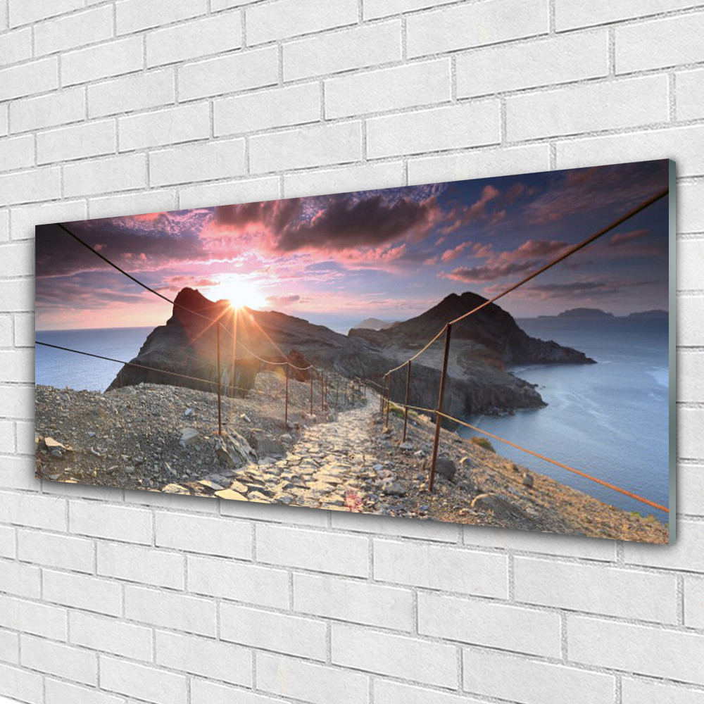 Tableau murale en verre 125x50 cm paysage de soleil pour décoration salon