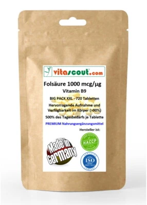 VITASCOUT_COM Folsäure 720 Tabletten je 1000mcg - Folic Acid Vitamin B9 - 500% d. Tagesbedarfs