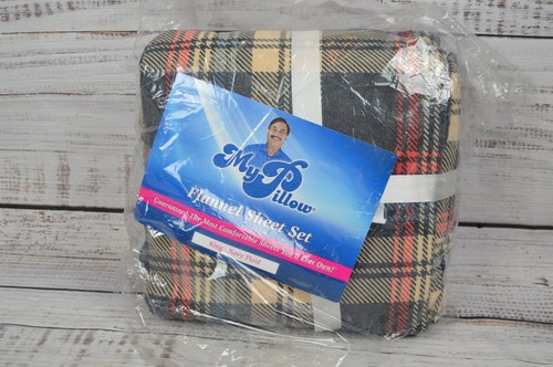 MyPillow King Flannel Sheet 4 Piece Set Navy Plaid NEW