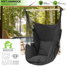 Macrame Hammock Chair Porch Rope Cotton Swing Hanging Cushion Seat w/Side Pocket