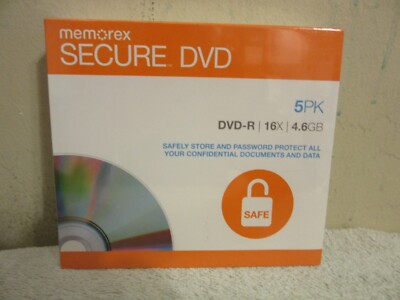 Memorex 5PK DVD-R Secure Password Protected Encryption 16x 4.6GB AES 256 Sealed
