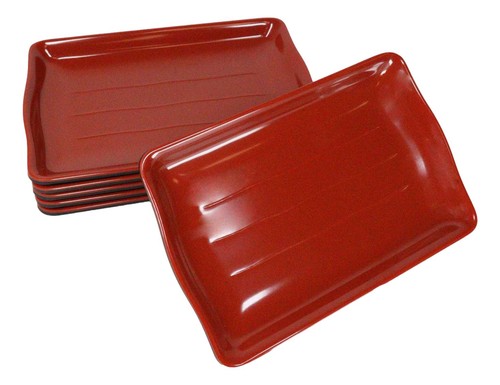 6er Set traditionelle rote und schwarze Melamin rechteckige gewellte Sushi Teller 8"L - Bild 3 von 9