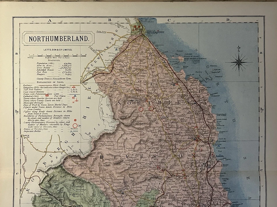 1884 Northumberland Original Antique County Map by Letts - Image 2 of 3