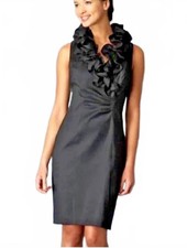 XSCAPE BY JOANNA CHEN Black Dress Ruffled Neck Ruched Waist Knee Length Size 4