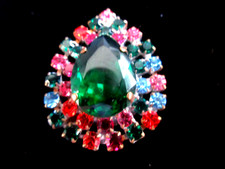 Outstanding Czech Vintage Style Glass Rhinestone Button Green & Multicolors