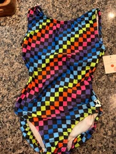 Foxy's Performance Wear Gymnastics Leotard Neon Checkers Rainbow - Adult Small